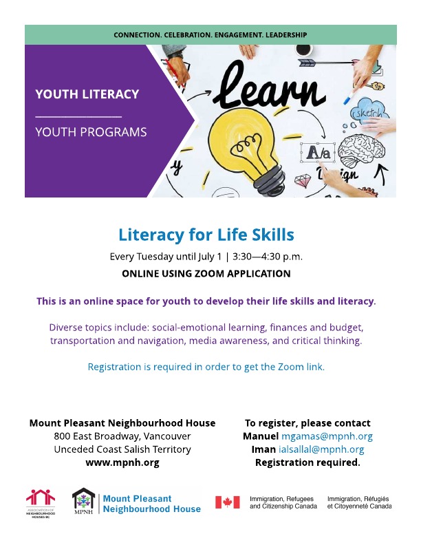 Poster for the Youth Literacy for Life Skills workshops showing a lightbulb and the word "learn"